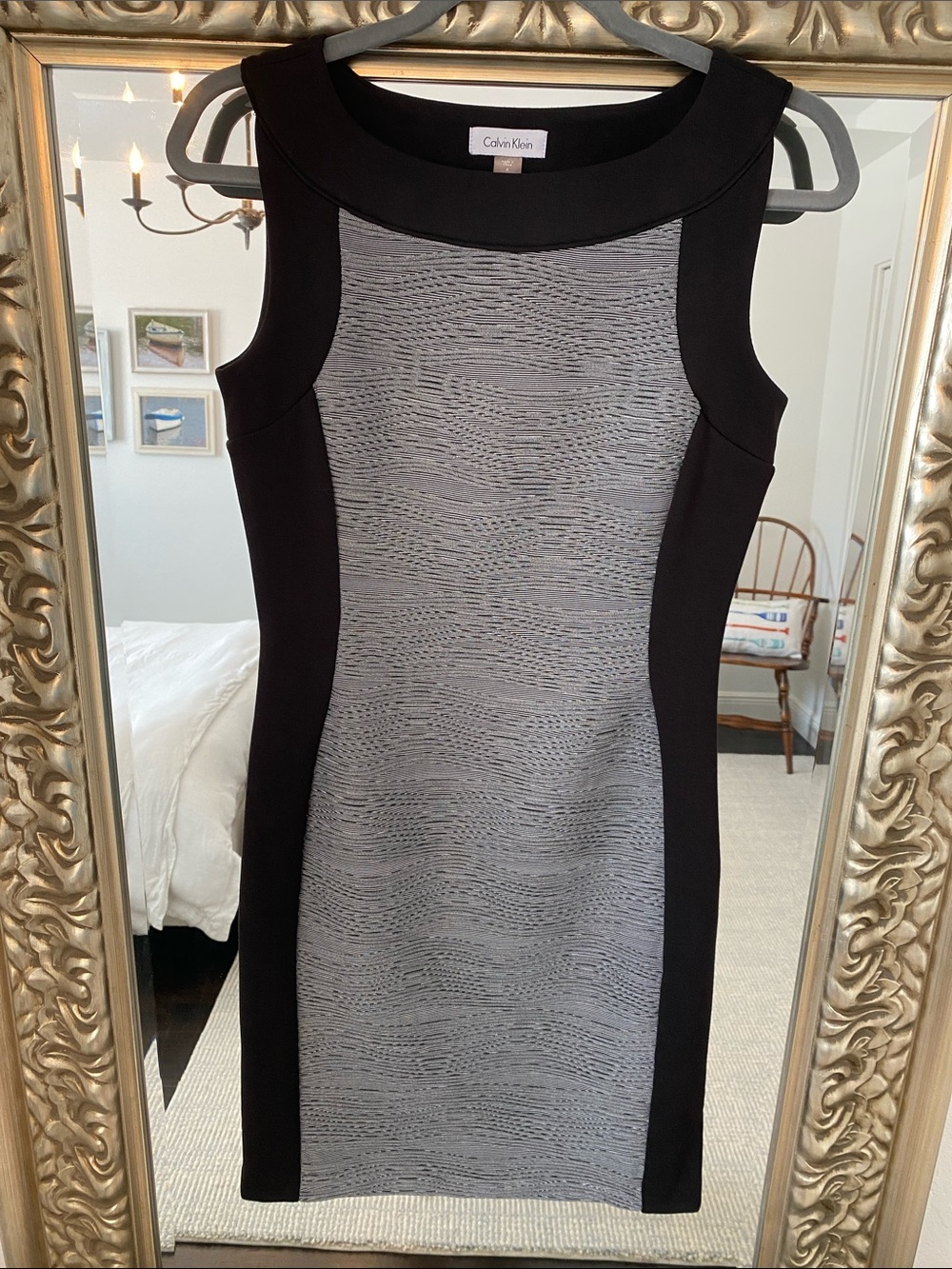 Calvin Klein Black and Gray Textured Panel Sheath Dress